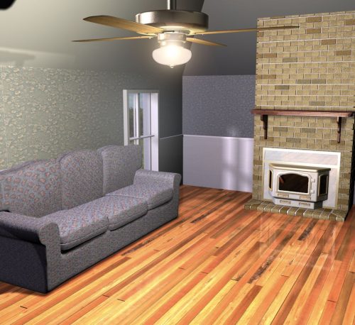 couch and fireplace
